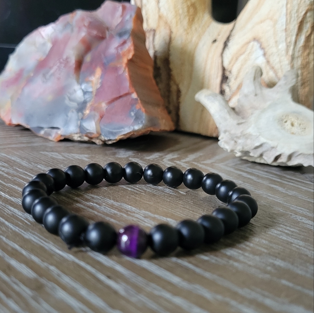 Black Onyx Amethyst Stone Mala Yoga Chakra Reiki Meditation Bracelet